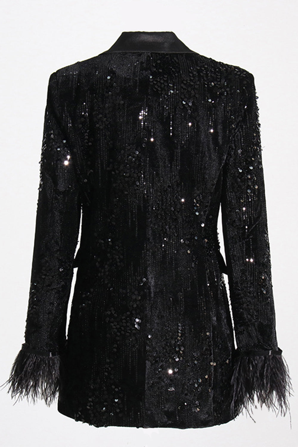Sparkly Black Peak Lapel Selentejuelas Mujer Blazer con Plumas