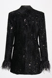 Sparkly Black Peak Lapel Selentejuelas Mujer Blazer con Plumas