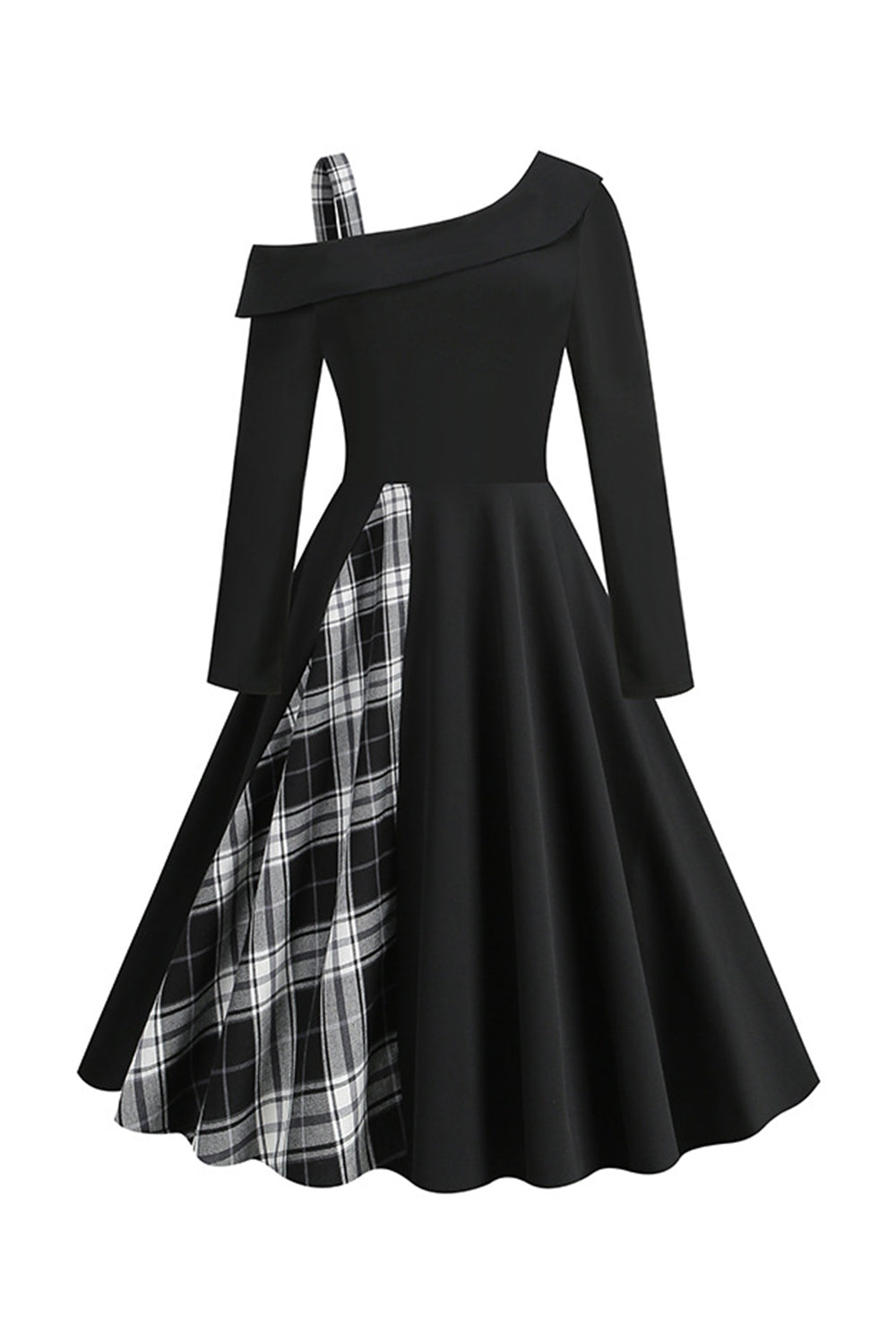 Vestido a cuadros negros de un hombro de estilo retro de la década de 1950
