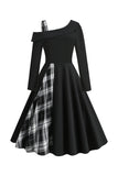 Vestido a cuadros negros de un hombro de estilo retro de la década de 1950