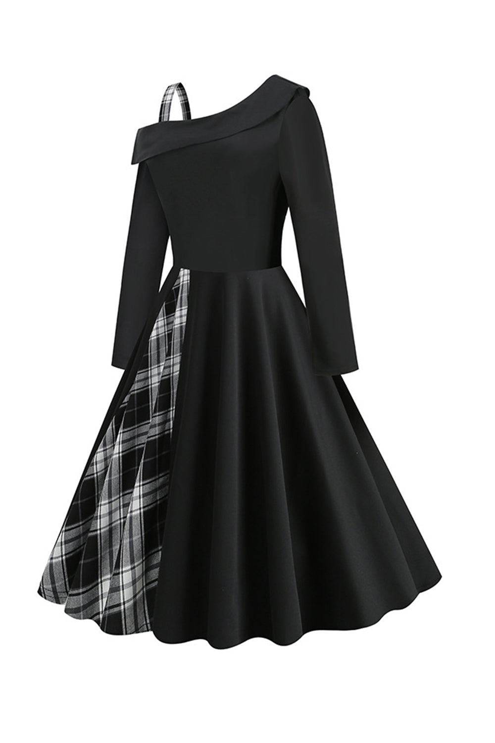 Vestido a cuadros negros de un hombro de estilo retro de la década de 1950