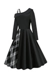Vestido a cuadros negros de un hombro de estilo retro de la década de 1950