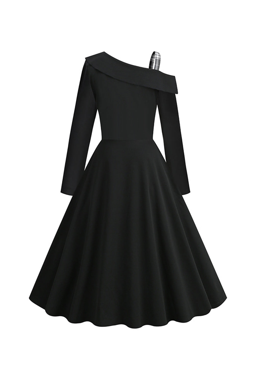 Vestido a cuadros negros de un hombro de estilo retro de la década de 1950