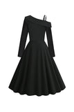 Vestido a cuadros negros de un hombro de estilo retro de la década de 1950