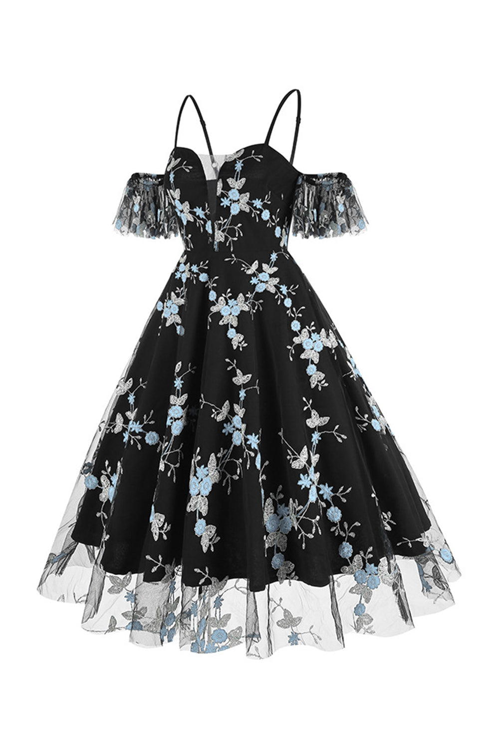 Vestido azul de la década de 1950 con hombros descubiertos y bordados