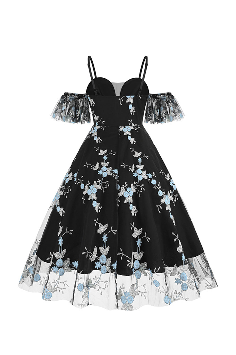 Vestido azul de la década de 1950 con hombros descubiertos y bordados