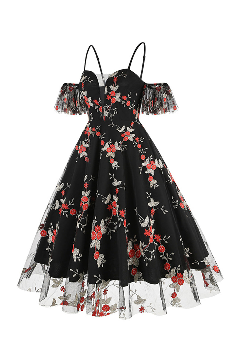 Vestido azul de la década de 1950 con hombros descubiertos y bordados