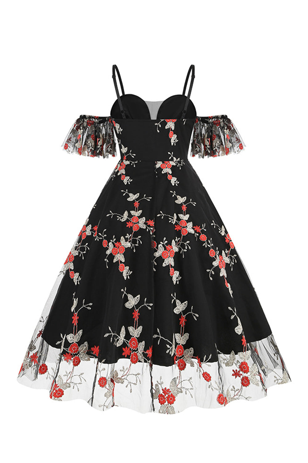 Vestido azul de la década de 1950 con hombros descubiertos y bordados