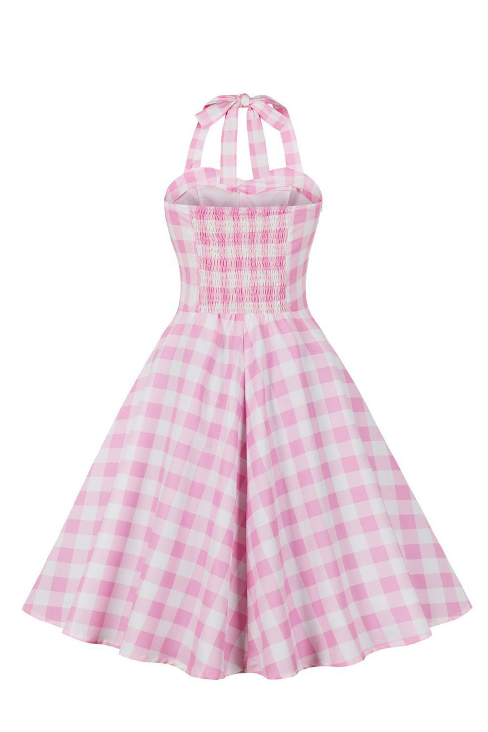 Un vestido rosa a cuadros rosa a cuadros de la década de 1950 con cuello halter