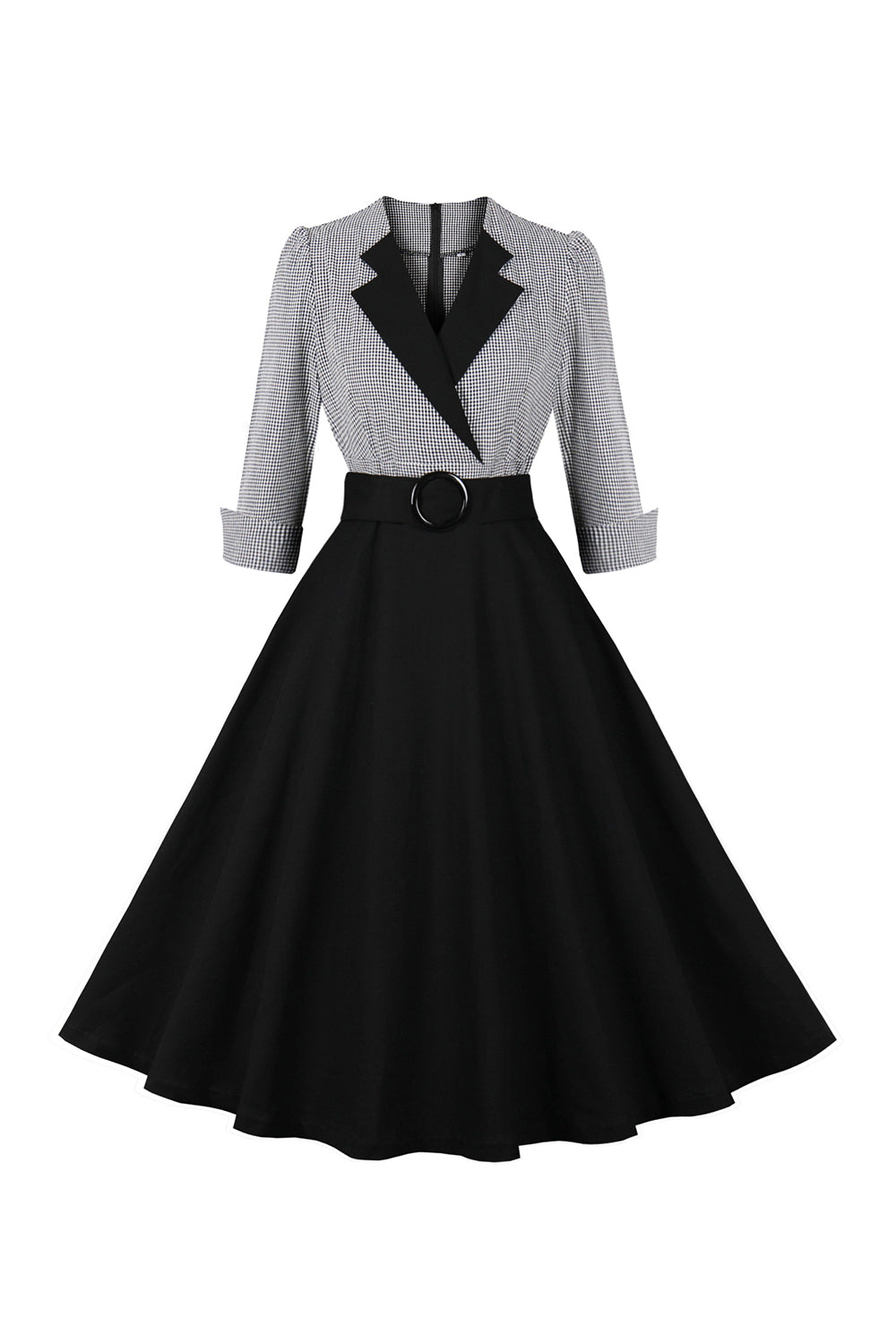 Vestido de manga larga a cuadros de la década de 1950 con cinturón