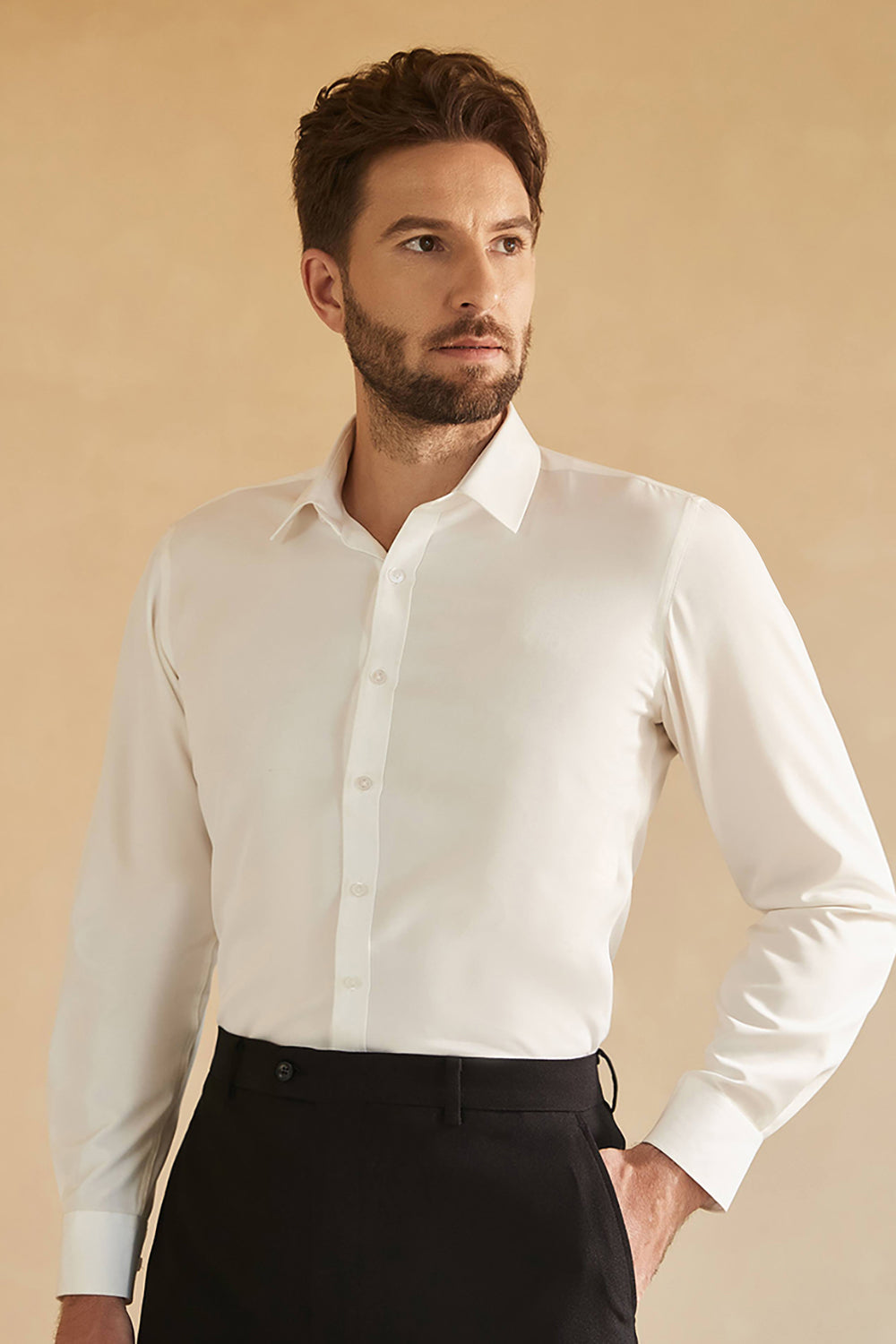 Mangas Largas Camisa Blanca de Traje Para Hombre