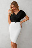 Vestido de cóctel bodycon cuello en V en blanco y negro con cinturón
