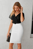 Vestido de cóctel bodycon cuello en V en blanco y negro con cinturón