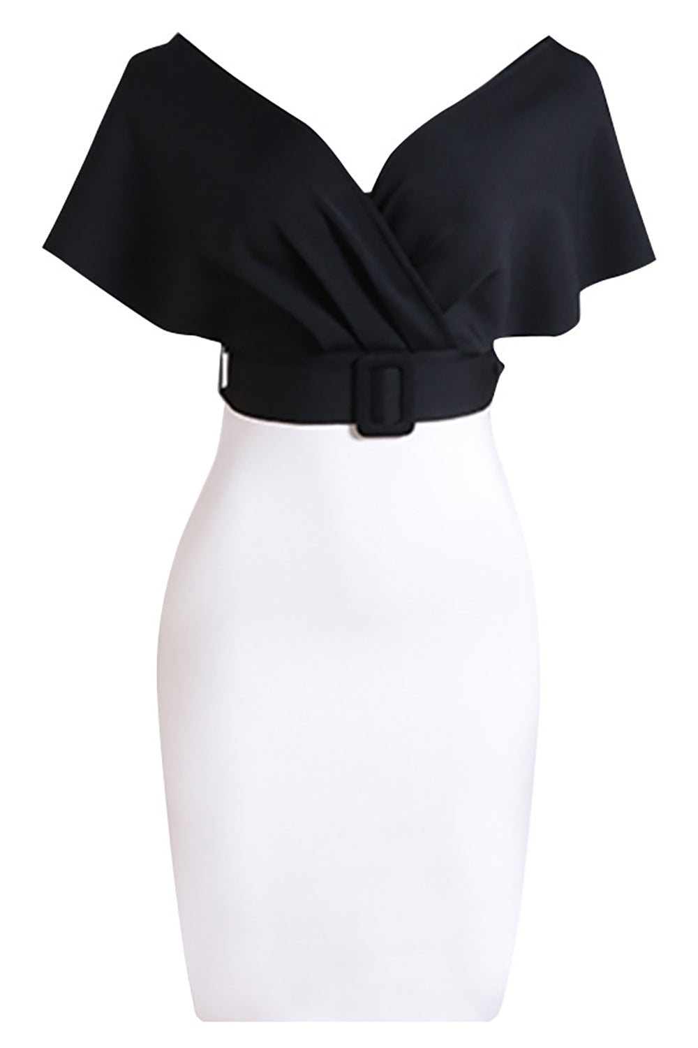 Vestido de cóctel bodycon cuello en V en blanco y negro con cinturón