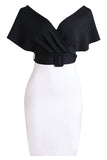 Vestido de cóctel bodycon cuello en V en blanco y negro con cinturón