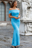 Azul claro del hombro Sirena Vestido largo de baile de graduación