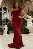 Borgoña One Shoulder Mermaid Vestido largo de baile de graduación con volantes