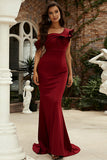 Borgoña One Shoulder Mermaid Vestido largo de baile de graduación con volantes