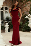 Borgoña One Shoulder Mermaid Vestido largo de baile de graduación con volantes