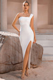 Vestido de cóctel blanco One Shoulder Bodycon Midi con hendidura