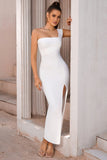 Vestido de cóctel blanco One Shoulder Bodycon Midi con hendidura