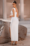Vestido de cóctel blanco One Shoulder Bodycon Midi con hendidura