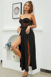 Vestido de graduación de corsé negro sin tirantes con hendidura