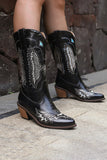 Botas vaqueras de tacón grueso con bordado a media pantorrilla negro