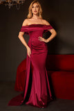 Vestido de fiesta de sirena con hombros descubiertos burdeos con volantes