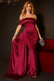 Vestido de fiesta de sirena con hombros descubiertos burdeos con volantes