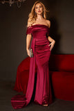 Vestido de fiesta de sirena con hombros descubiertos burdeos con volantes