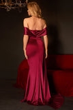 Vestido de fiesta de sirena con hombros descubiertos burdeos con volantes