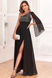 Vestido formal negro brillante de un hombro con lentejuelas