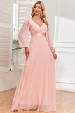 Vestido formal de gasa con escote en V y mangas largas