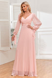Vestido formal de gasa con escote en V y mangas largas