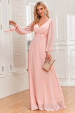 Vestido formal de gasa con escote en V y mangas largas