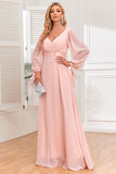 Vestido formal de gasa con escote en V y mangas largas