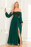 Vestido formal de pino de manga larga brillante con lentejuelas