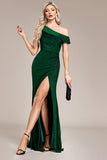 Vestido de fiesta largo de un hombro de sirena verde oscuro con purpurina con abertura