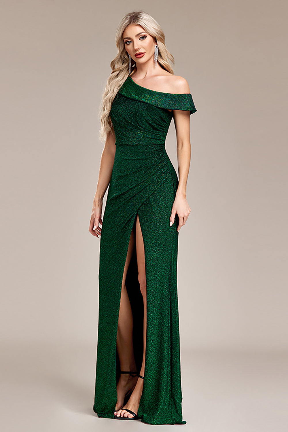 Vestido de fiesta largo de un hombro de sirena verde oscuro con purpurina con abertura