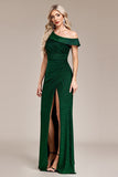 Vestido de fiesta largo de un hombro de sirena verde oscuro con purpurina con abertura