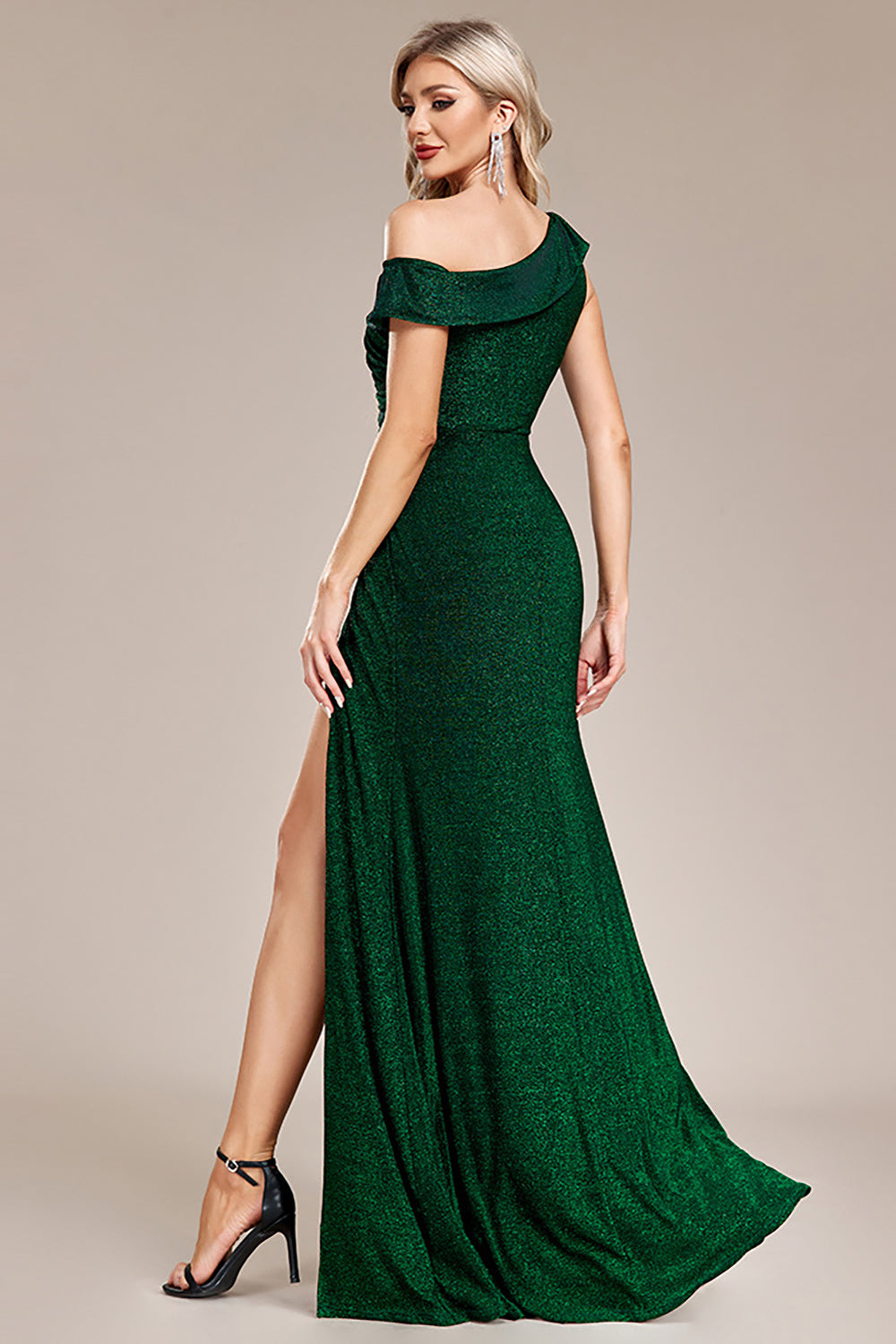 Vestido de fiesta largo de un hombro de sirena verde oscuro con purpurina con abertura
