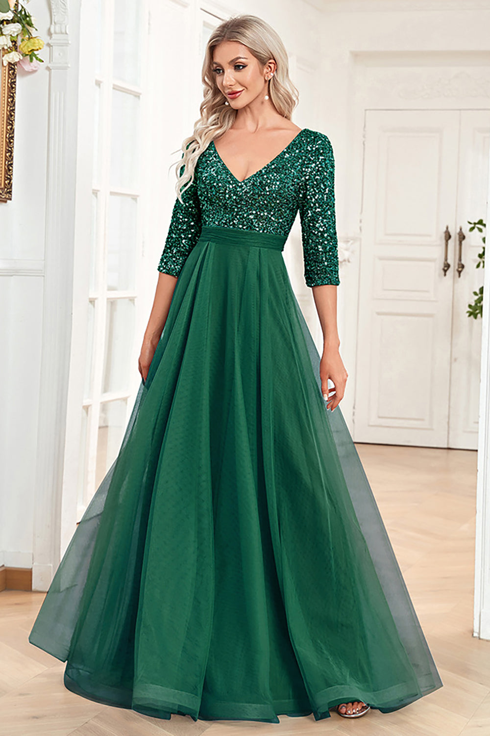 Vestido de fiesta negro de lentejuelas con cuello en V con cuello en V