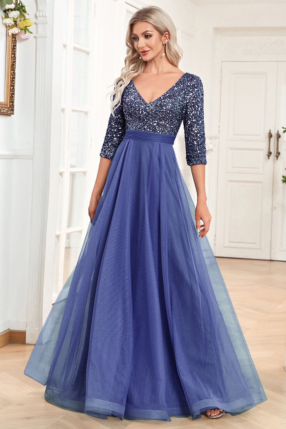 Vestido de fiesta negro de lentejuelas con cuello en V con cuello en V