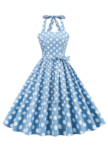 Halter Blue Polka Dots Vestido de la década de 1950