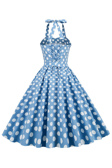 Halter Blue Polka Dots Vestido de la década de 1950