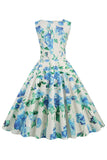 V Cuello Azul Claro 1950s Vintage Dress