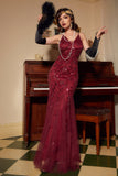 Lentejuelas rojo cuello en V vestido largo de la década de 1920