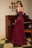 Lentejuelas rojo cuello en V vestido largo de la década de 1920