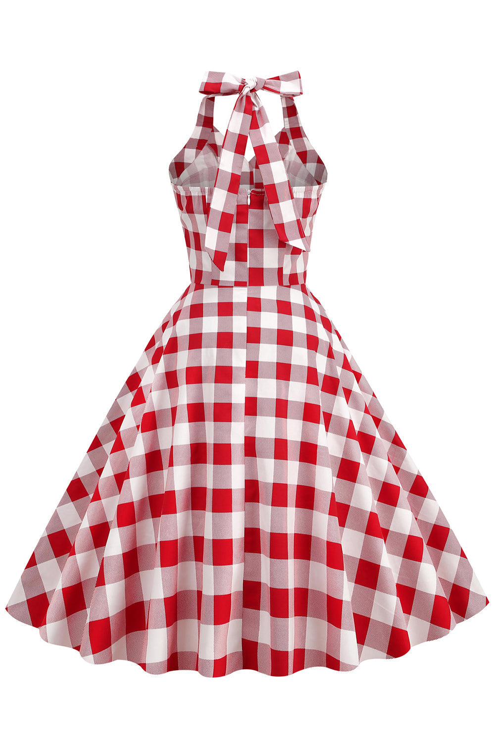 Vestido swing a cuadros rojos Halter de la década de 1950